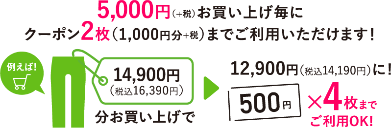 5,000円（+税）お買い上げ毎にクーポン2枚（1,000円分+税）までご利用いただけます！